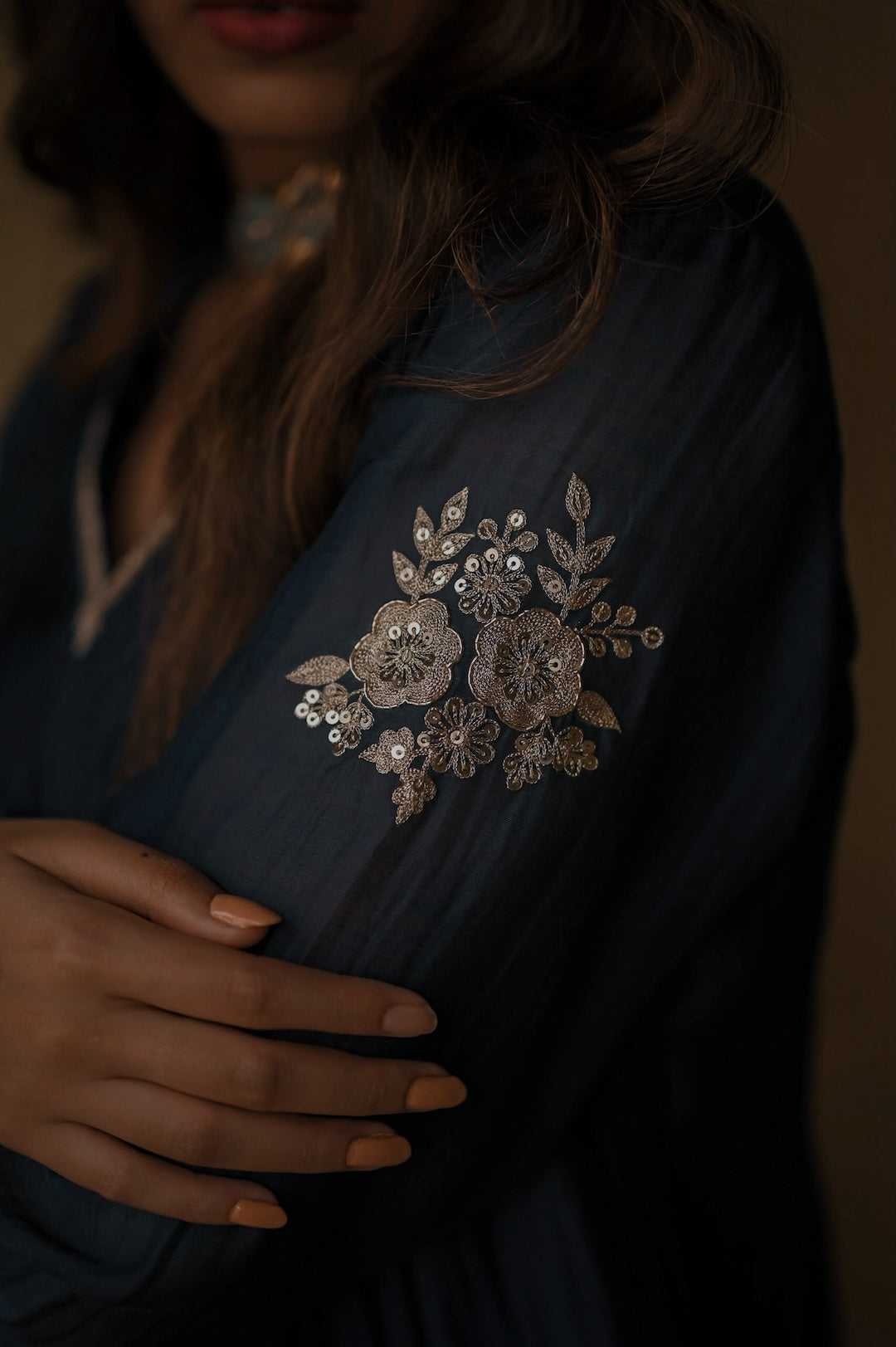 Ink Blue Floral Motif Kurta Set - Zuleiha