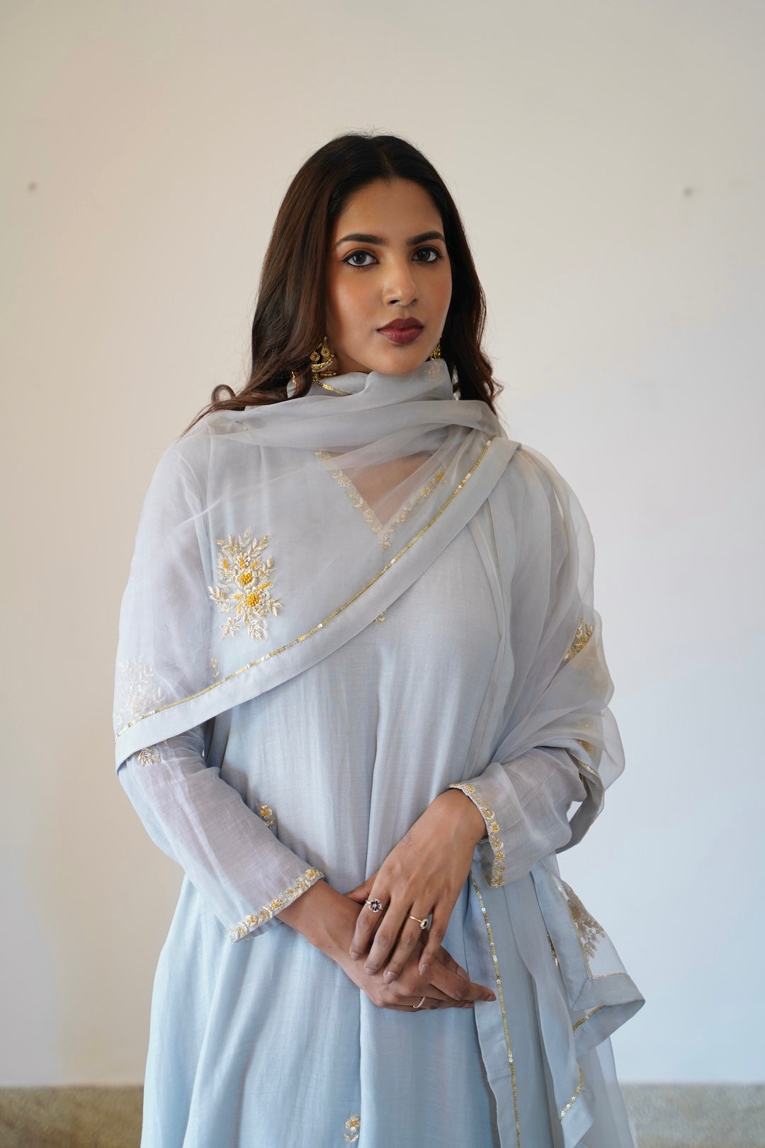 Baby Grey Chanderi and Organza Kurti Set - Zuleiha