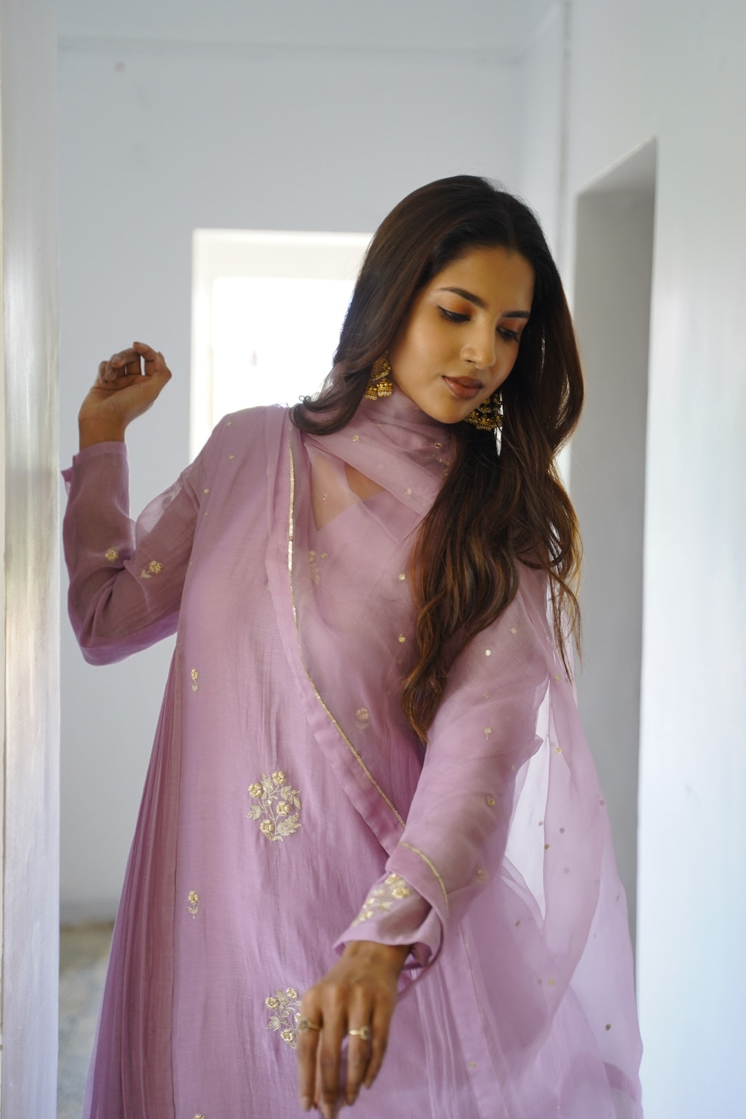 Lavender mauve Chanderi and Organza Kurti Set - Zuleiha