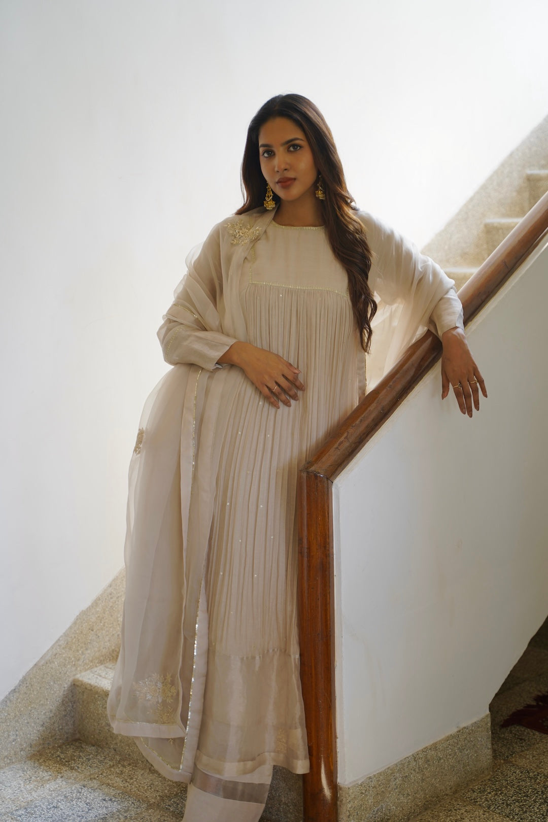 Ivory Chanderi and Organza Kurti Set - Zuleiha