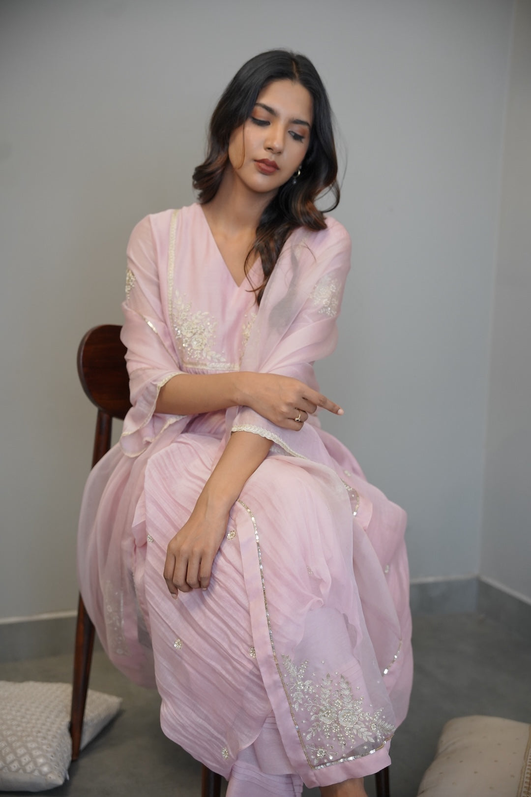 Baby Pink Chanderi And Organza Kurta Set - Zuleiha