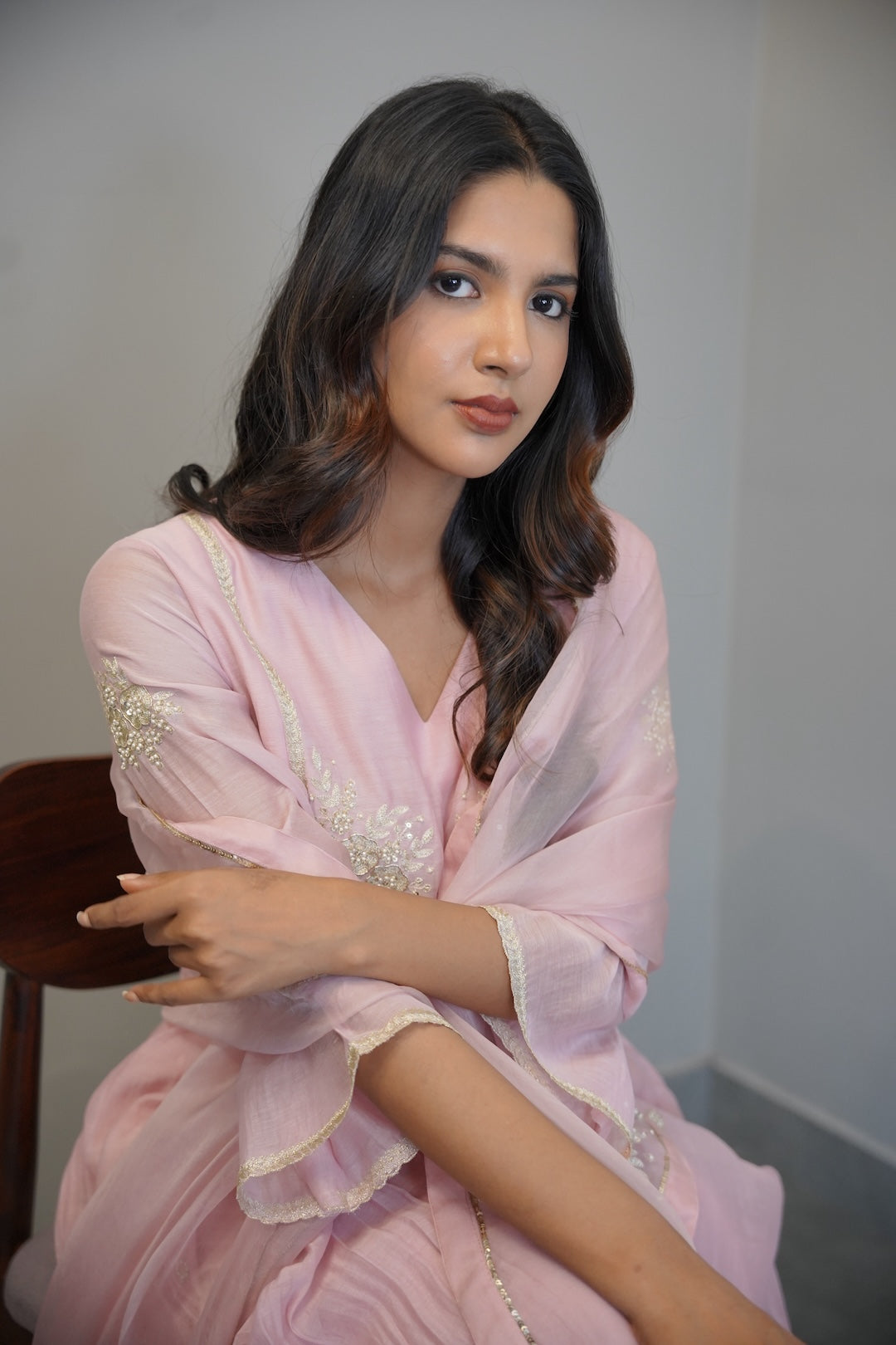 Baby Pink Chanderi And Organza Kurta Set - Zuleiha