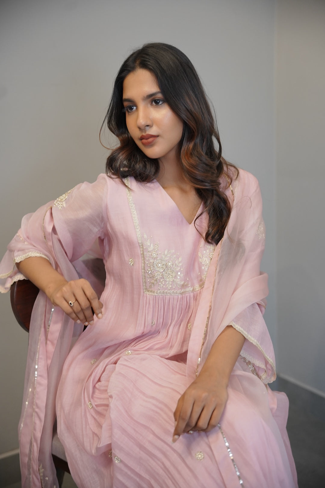 Baby Pink Chanderi And Organza Kurta Set - Zuleiha