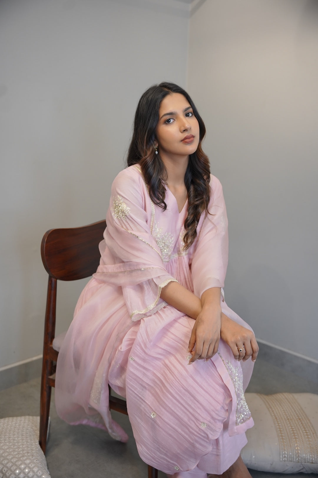 Baby Pink Chanderi And Organza Kurta Set - Zuleiha