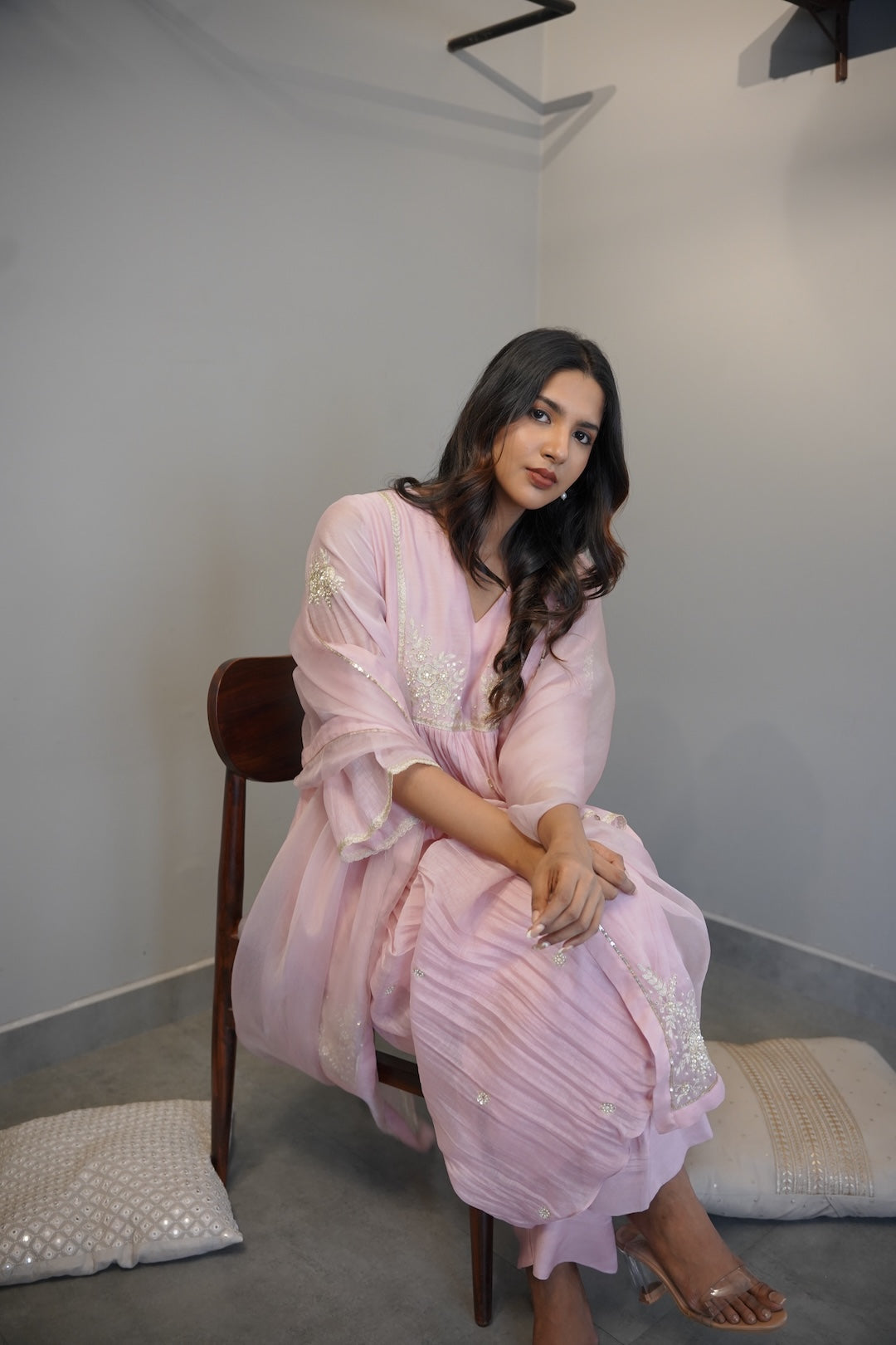 Baby Pink Chanderi And Organza Kurta Set - Zuleiha