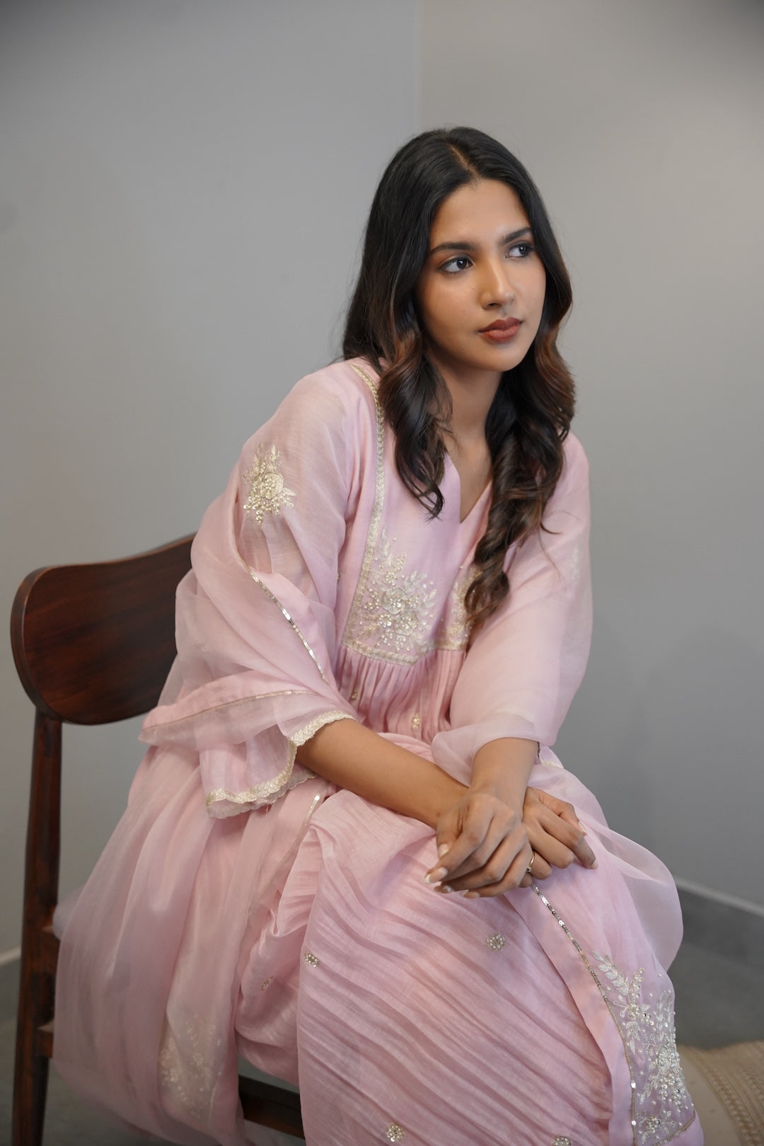 Baby Pink Chanderi And Organza Kurta Set - Zuleiha