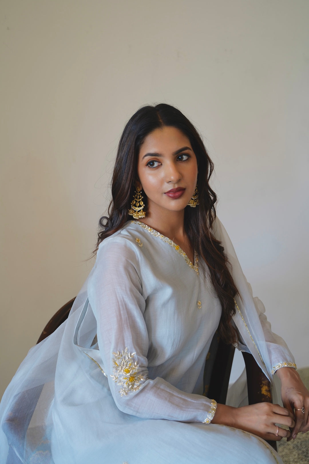 Baby Grey Chanderi and Organza Kurti Set - Zuleiha