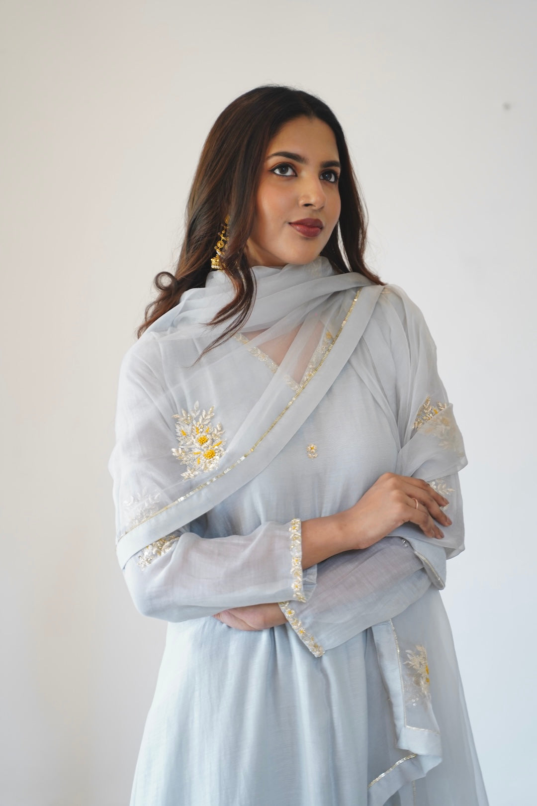 Baby Grey Chanderi and Organza Kurti Set - Zuleiha