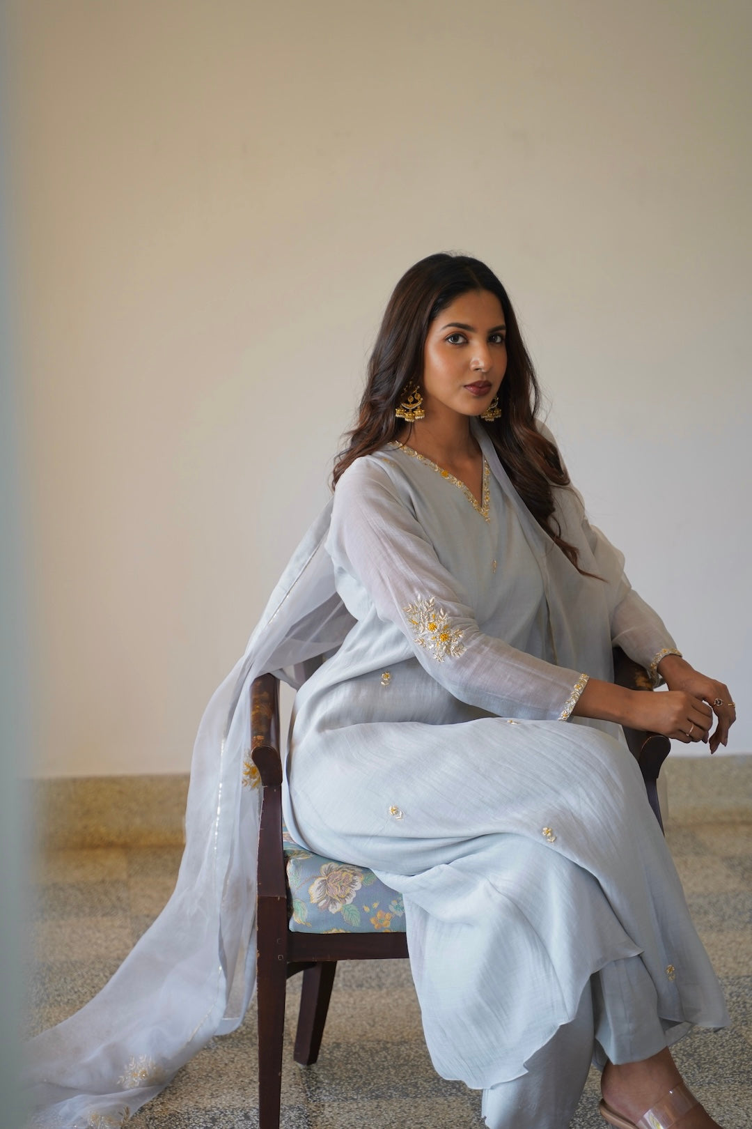 Baby Grey Chanderi and Organza Kurti Set - Zuleiha