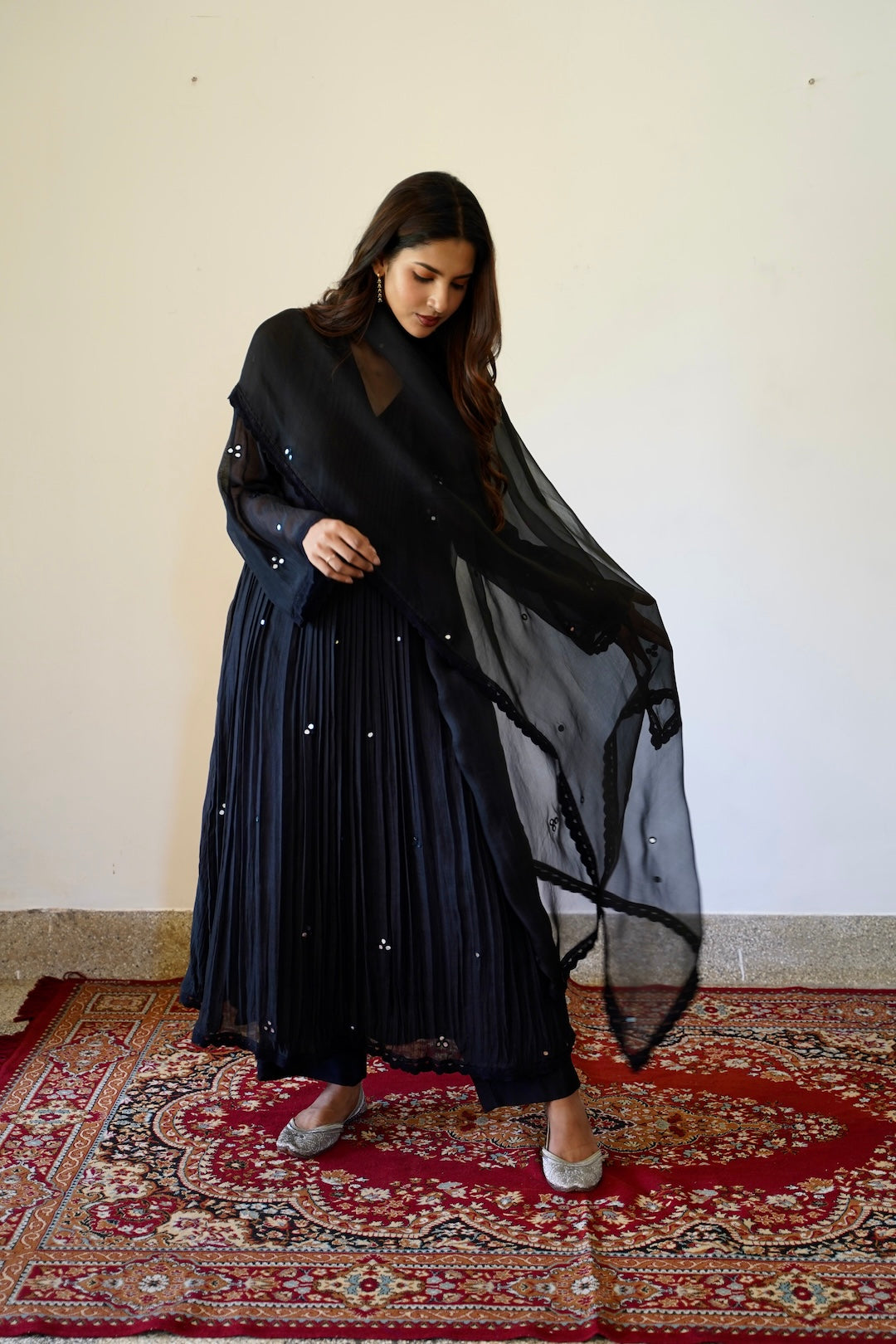 Black Chanderi and Organza Mirror work set - Zuleiha