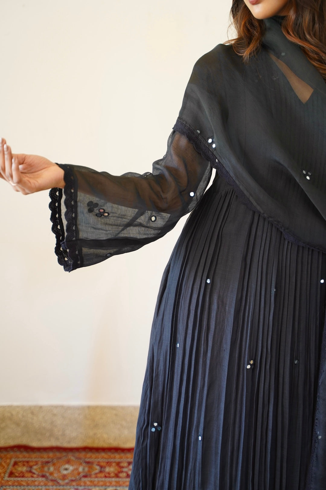 Black Chanderi and Organza Mirror work set - Zuleiha