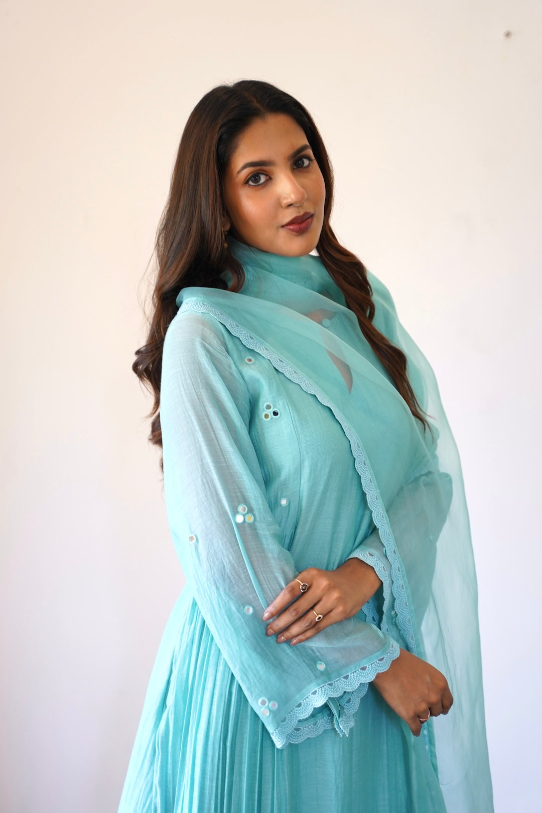 Pastel Blue Chanderi and Organza Mirror work set - Zuleiha