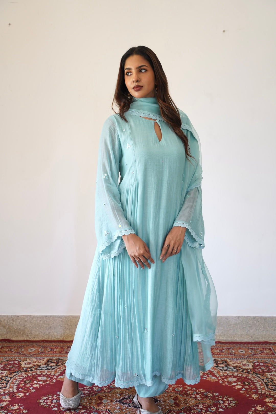 Pastel Blue Chanderi and Organza Mirror work set - Zuleiha