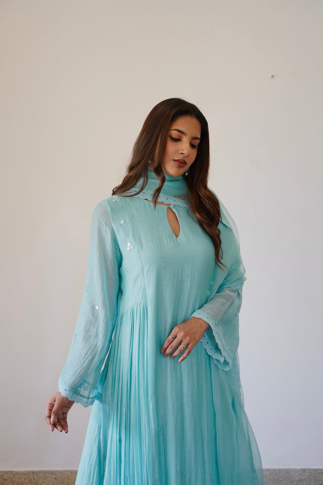 Pastel Blue Chanderi and Organza Mirror work set - Zuleiha