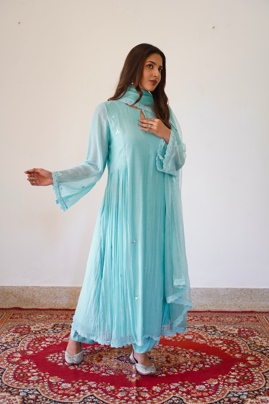 Pastel Blue Chanderi and Organza Mirror work set - Zuleiha
