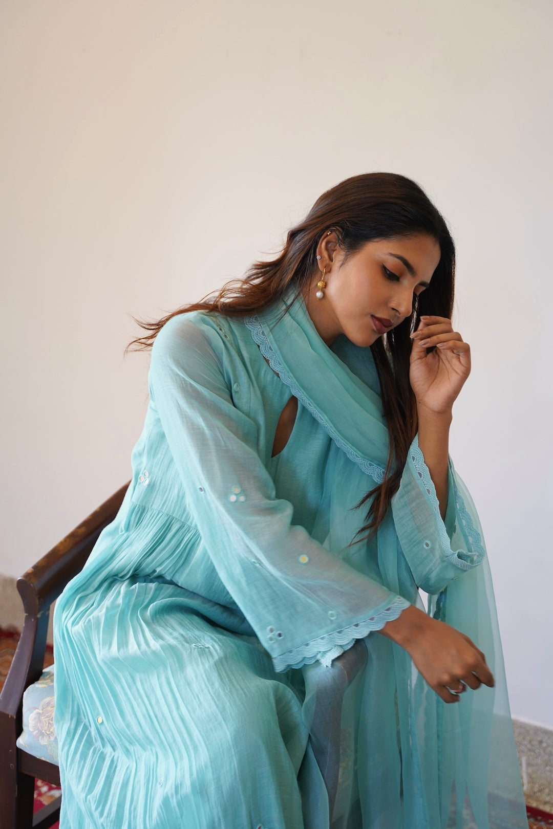 Pastel Blue Chanderi and Organza Mirror work set