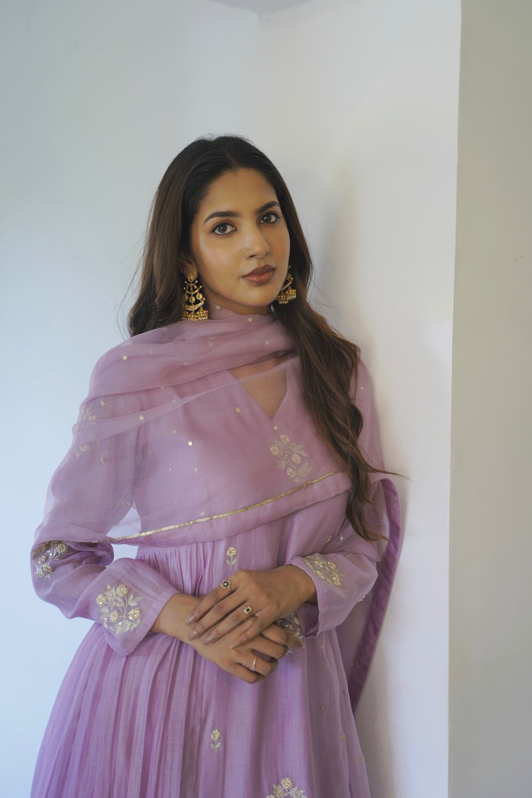 Lavender mauve Chanderi and Organza Kurti Set - Zuleiha