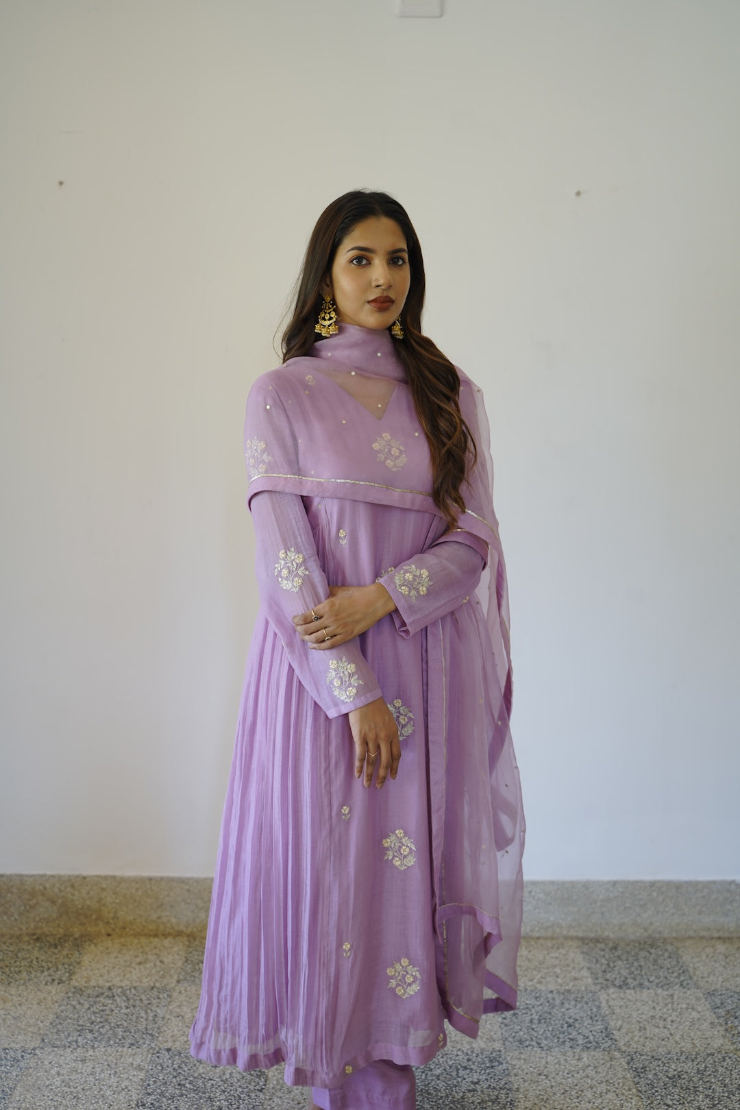 Lavender mauve Chanderi and Organza Kurti Set - Zuleiha