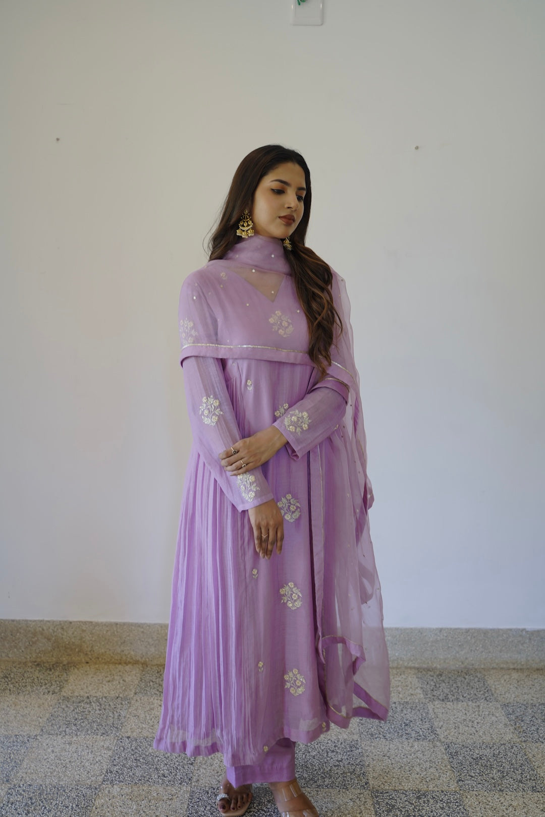 Lavender mauve Chanderi and Organza Kurti Set - Zuleiha