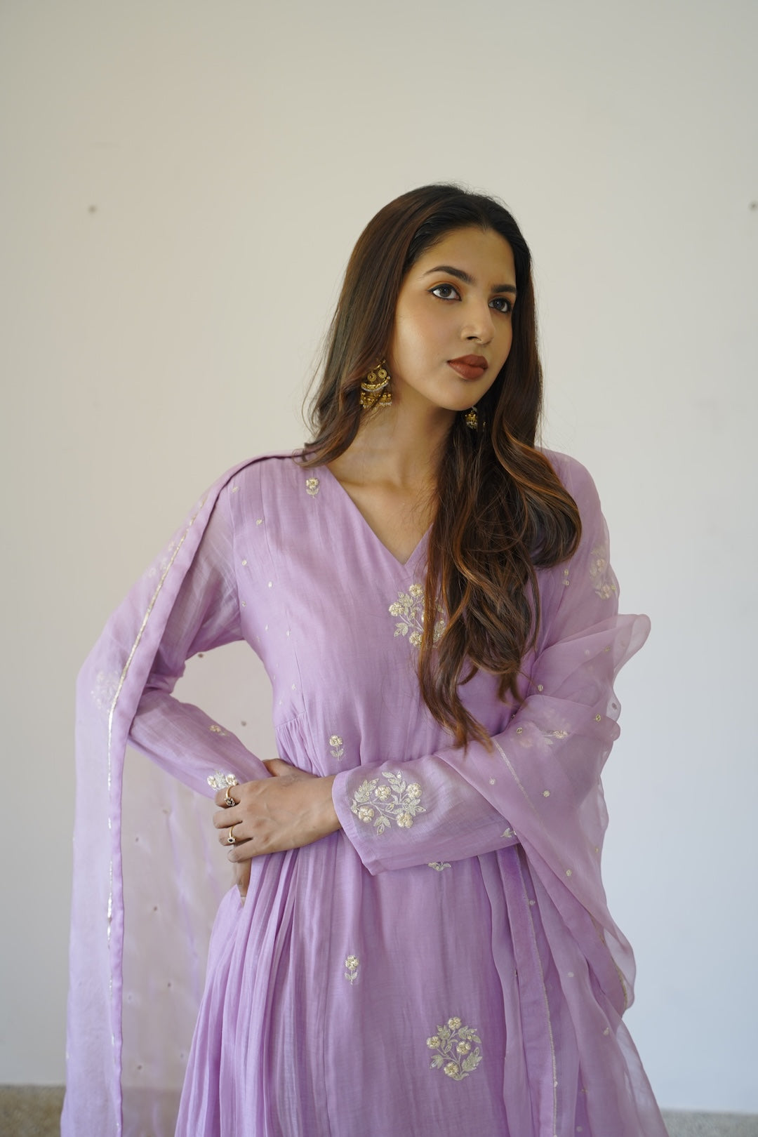 Lavender mauve Chanderi and Organza Kurti Set - Zuleiha