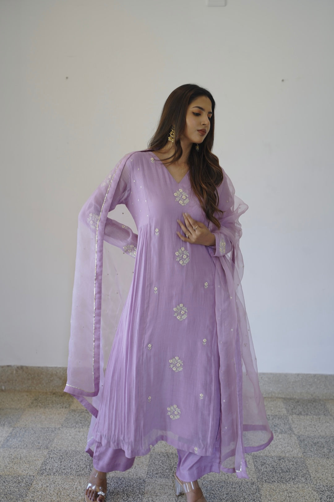 Lavender mauve Chanderi and Organza Kurti Set - Zuleiha