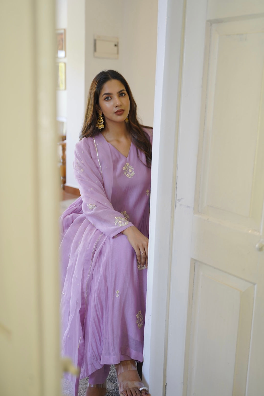 Lavender mauve Chanderi and Organza Kurti Set - Zuleiha