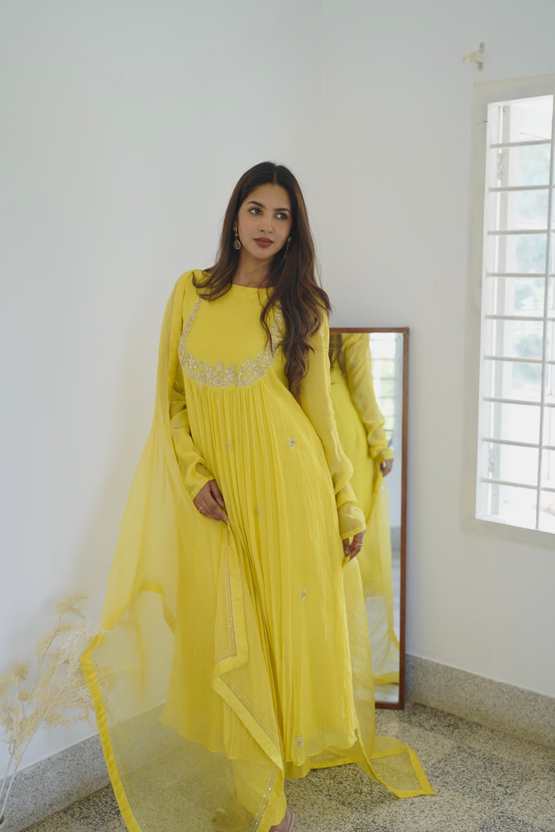 Yellow Chanderi and Organza Kurti Set - Zuleiha
