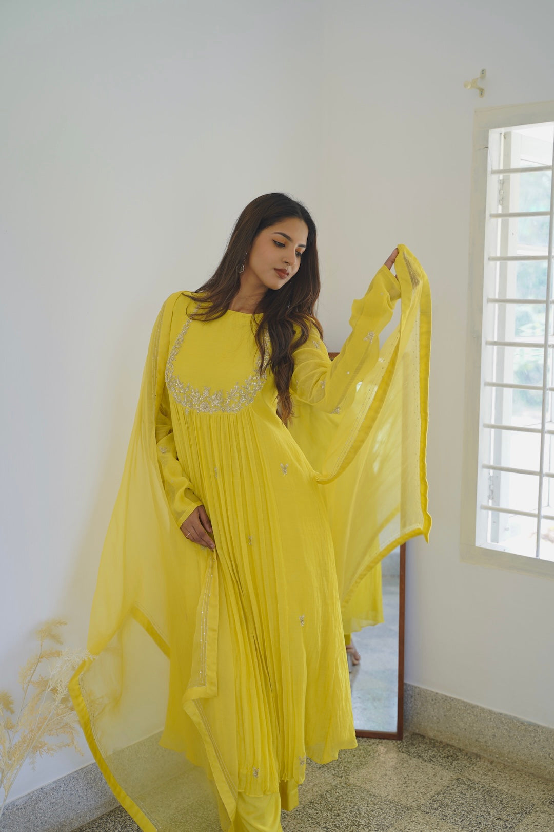 Yellow Chanderi and Organza Kurti Set - Zuleiha