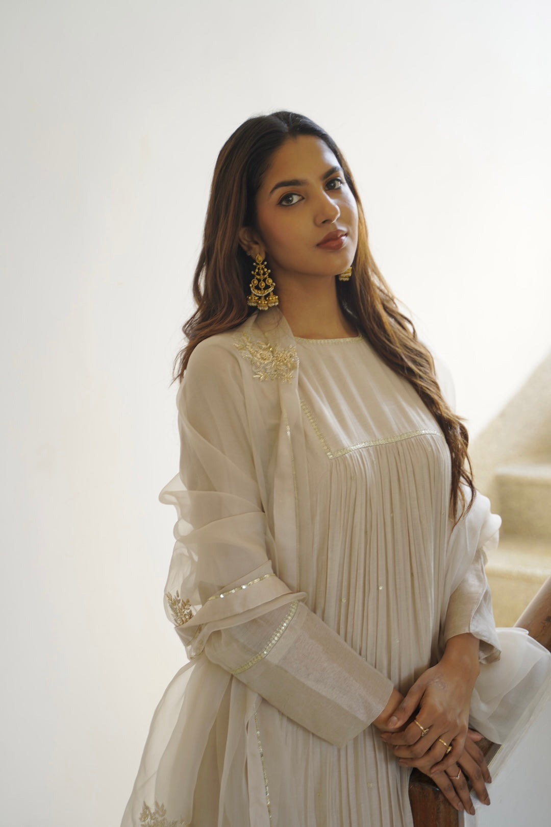 Ivory Chanderi and Organza Kurti Set - Zuleiha