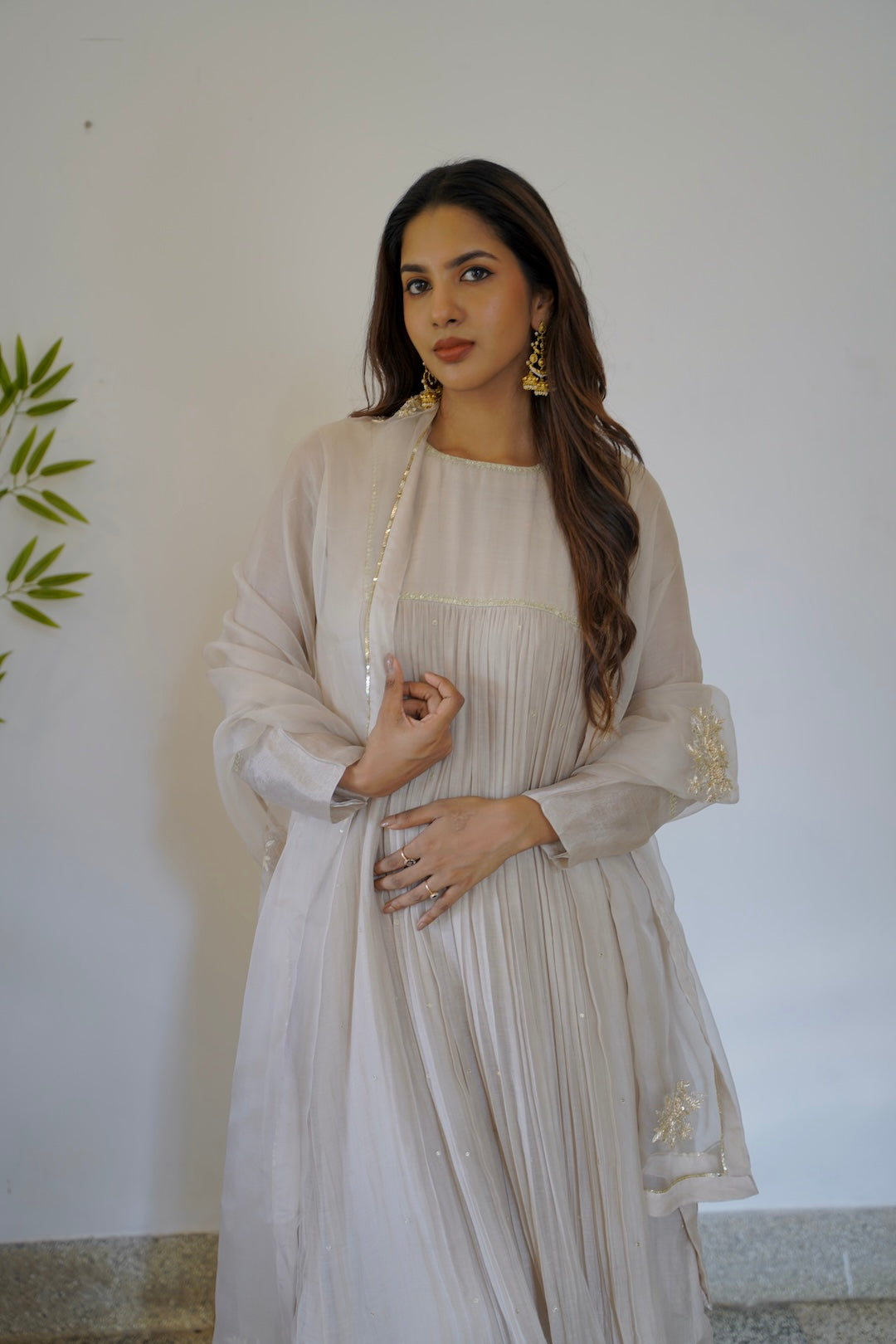 Ivory Chanderi and Organza Kurti Set - Zuleiha
