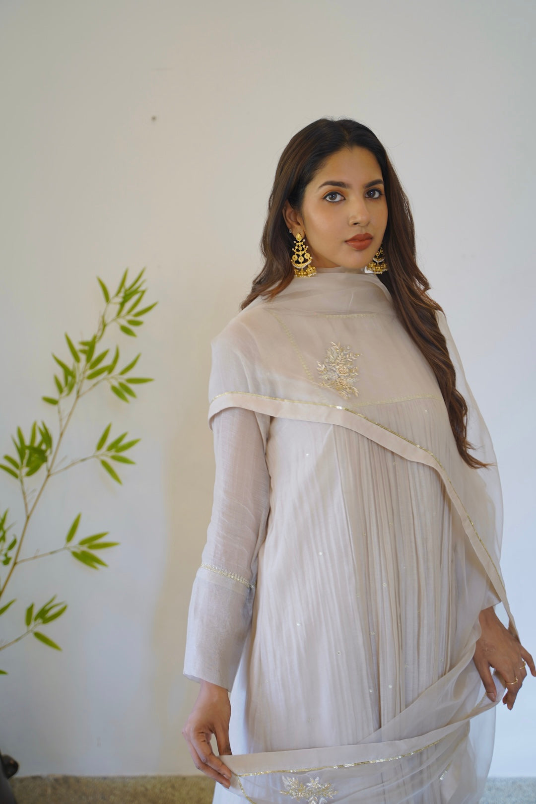 Ivory Chanderi and Organza Kurti Set - Zuleiha