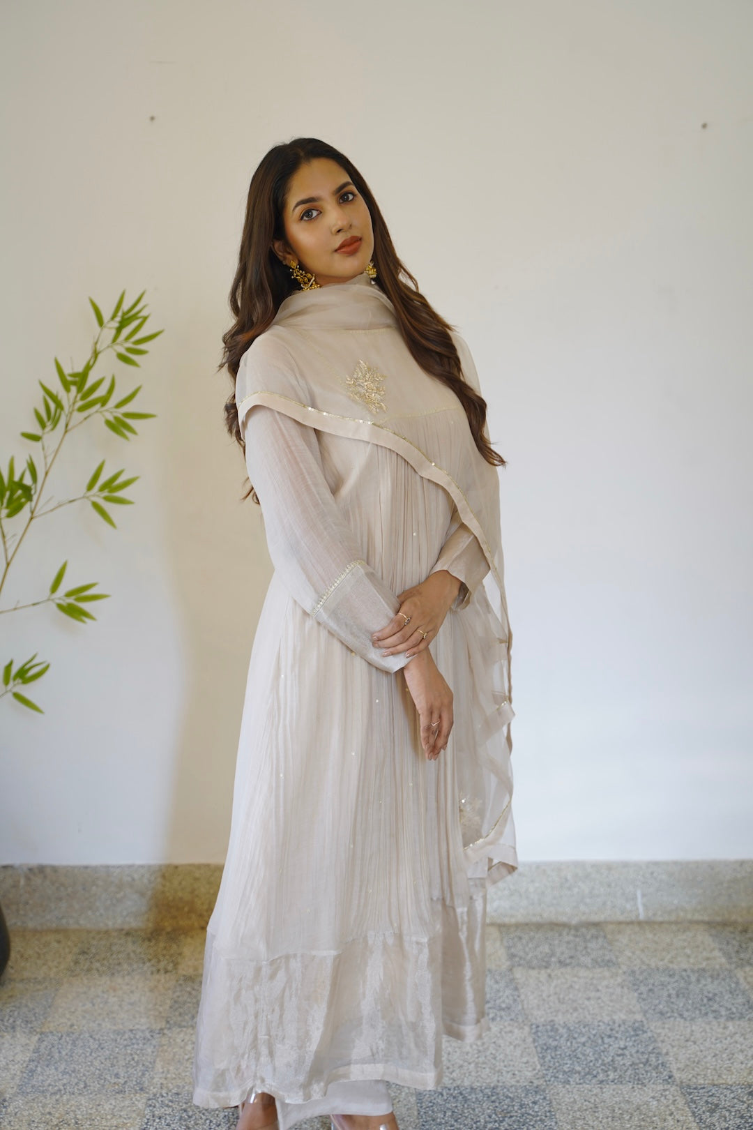 Ivory Chanderi and Organza Kurti Set - Zuleiha