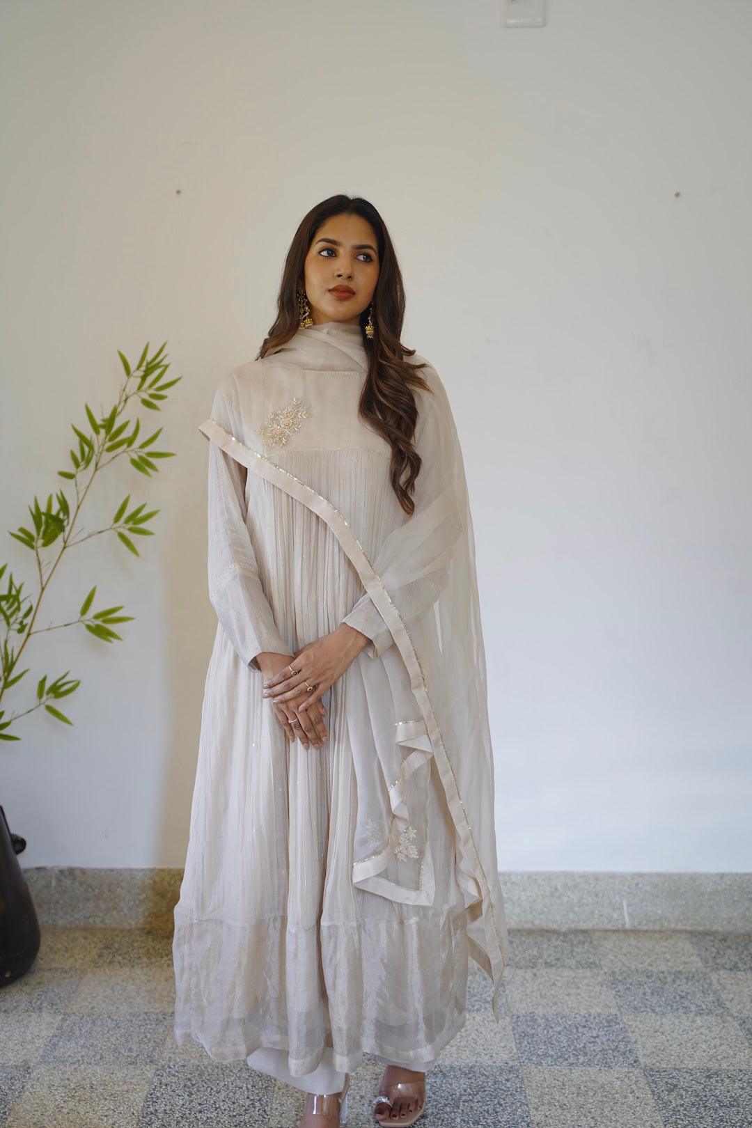 Ivory Chanderi and Organza Kurti Set - Zuleiha