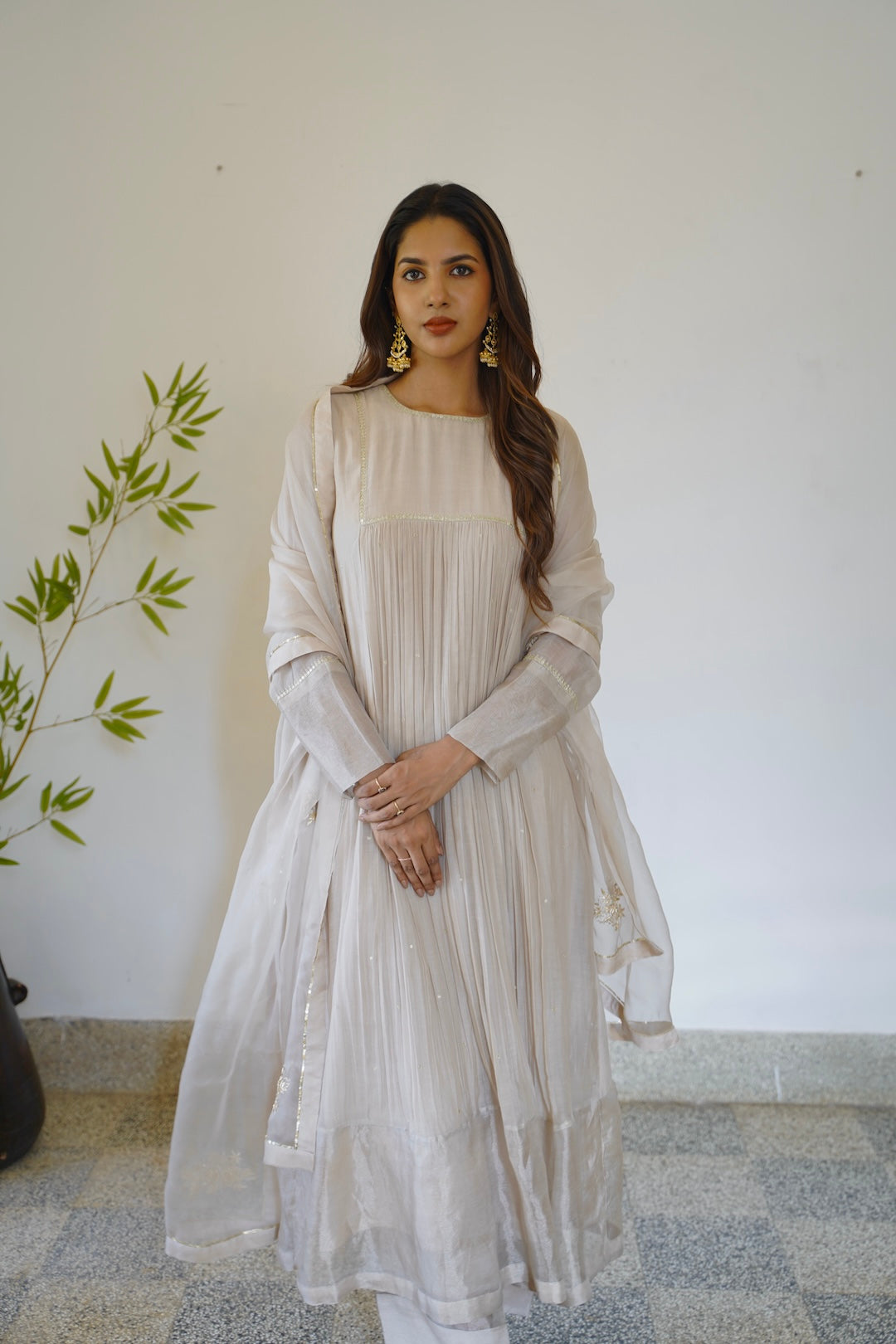 Ivory Chanderi and Organza Kurti Set - Zuleiha