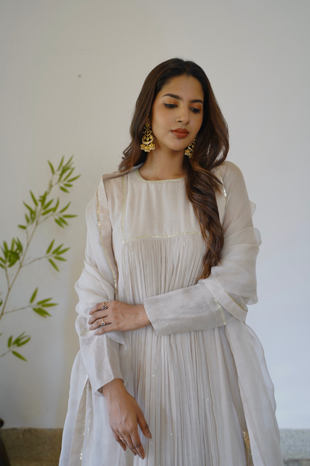 Ivory Chanderi and Organza Kurti Set - Zuleiha