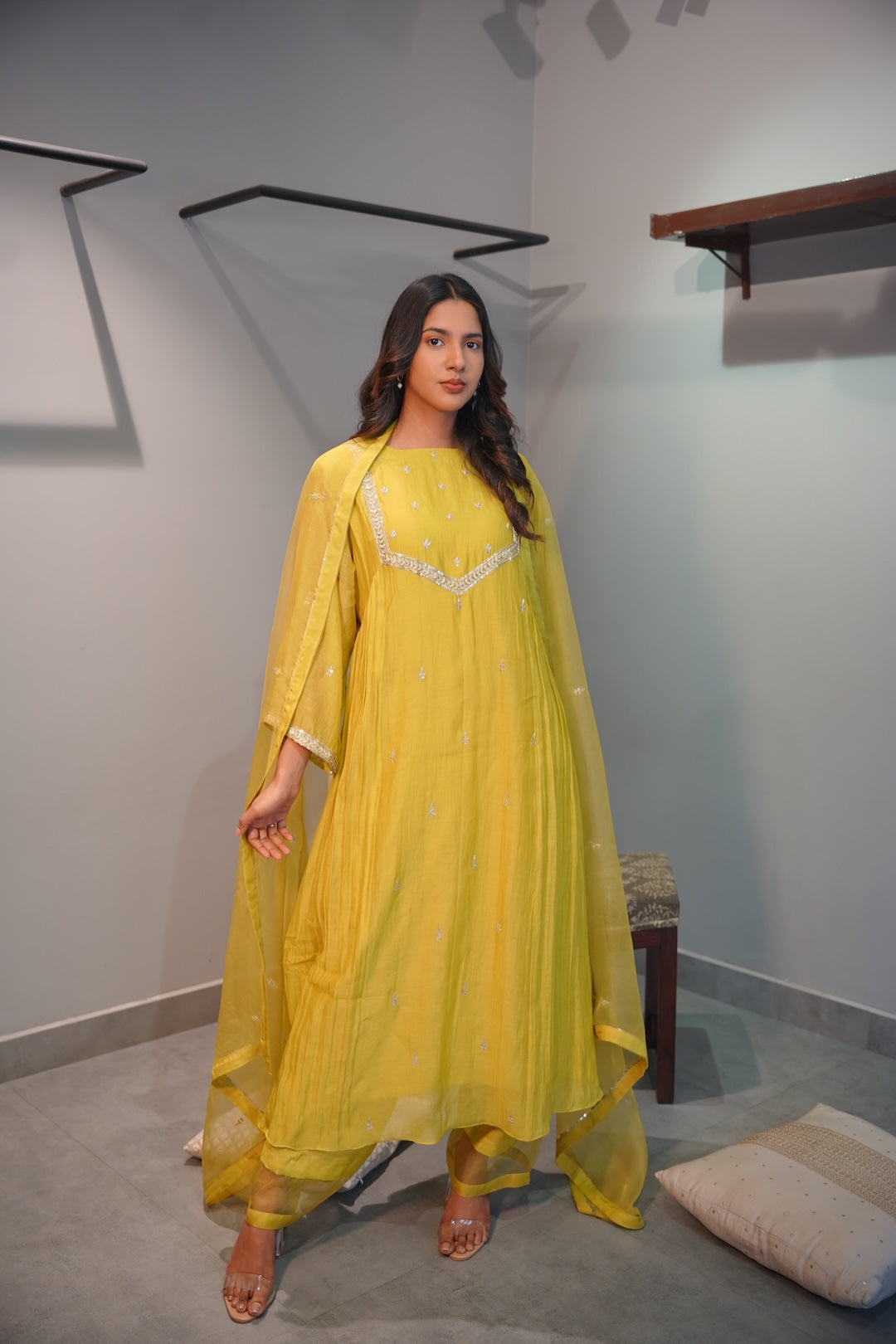Yellow Chanderi and Organza Kurta Set - Zuleiha