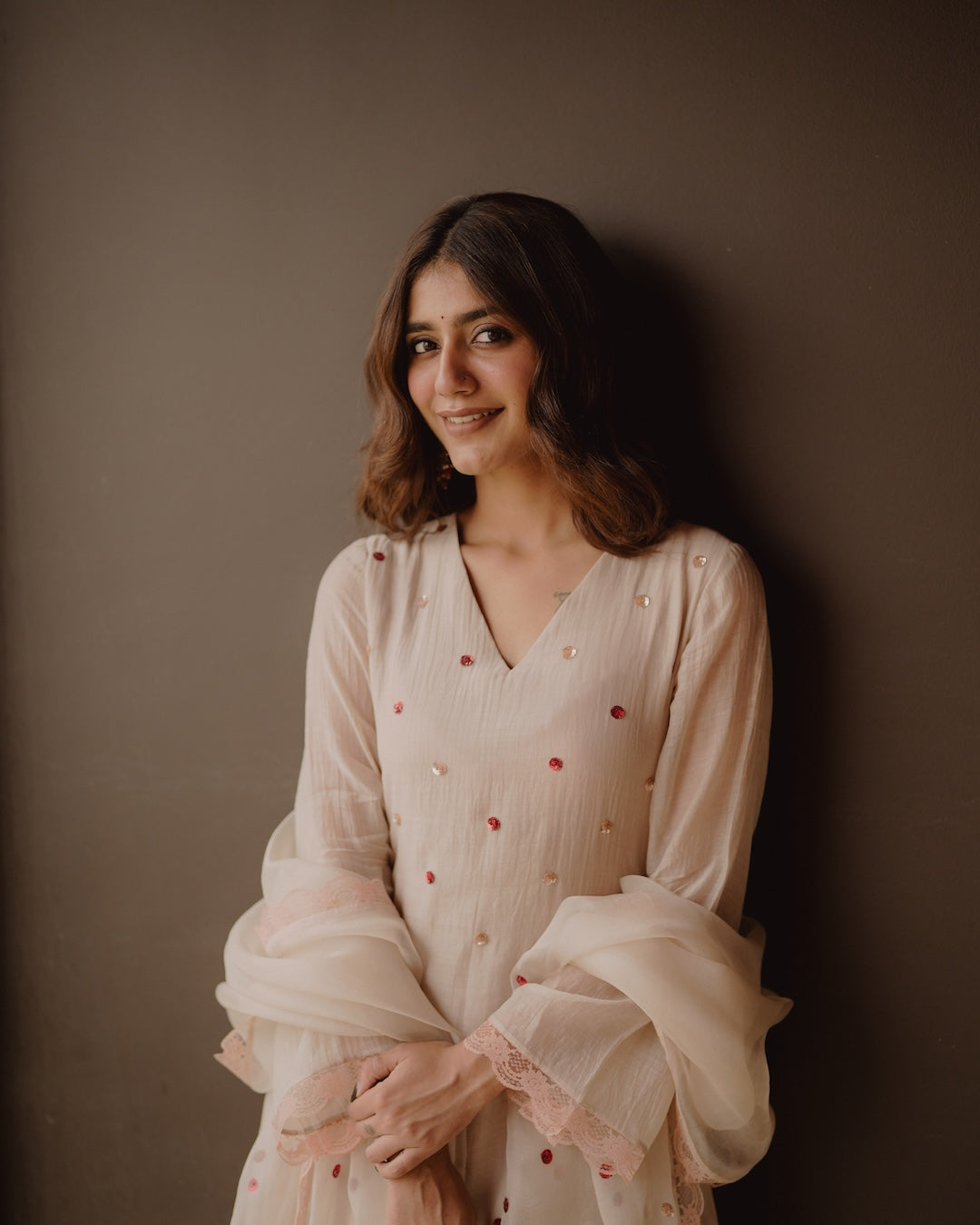 Priya Warrier in Ivory Chanderi and Organza Kurti Set