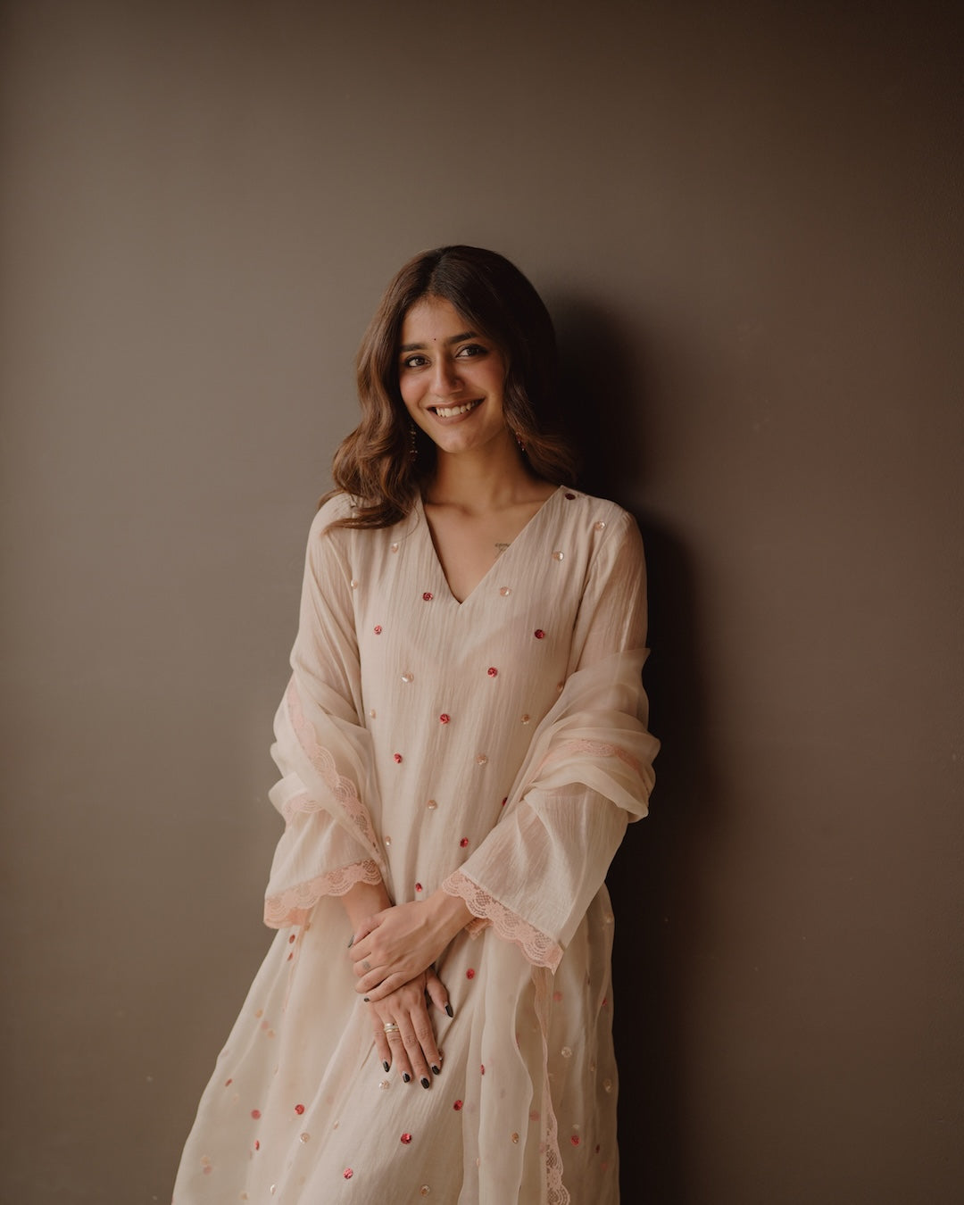 Priya Warrier in Ivory Chanderi and Organza Kurti Set