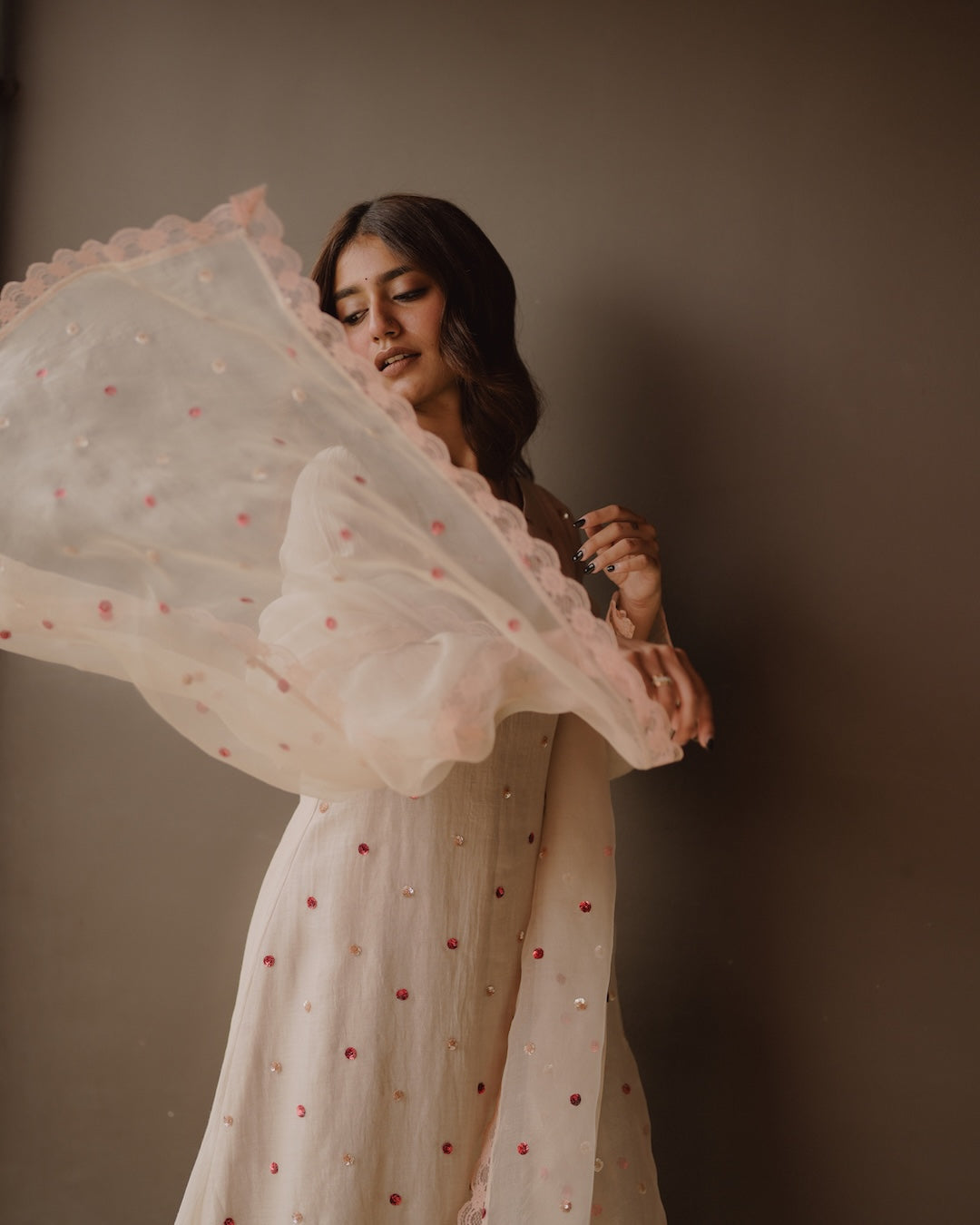 Priya Warrier in Ivory Chanderi and Organza Kurti Set