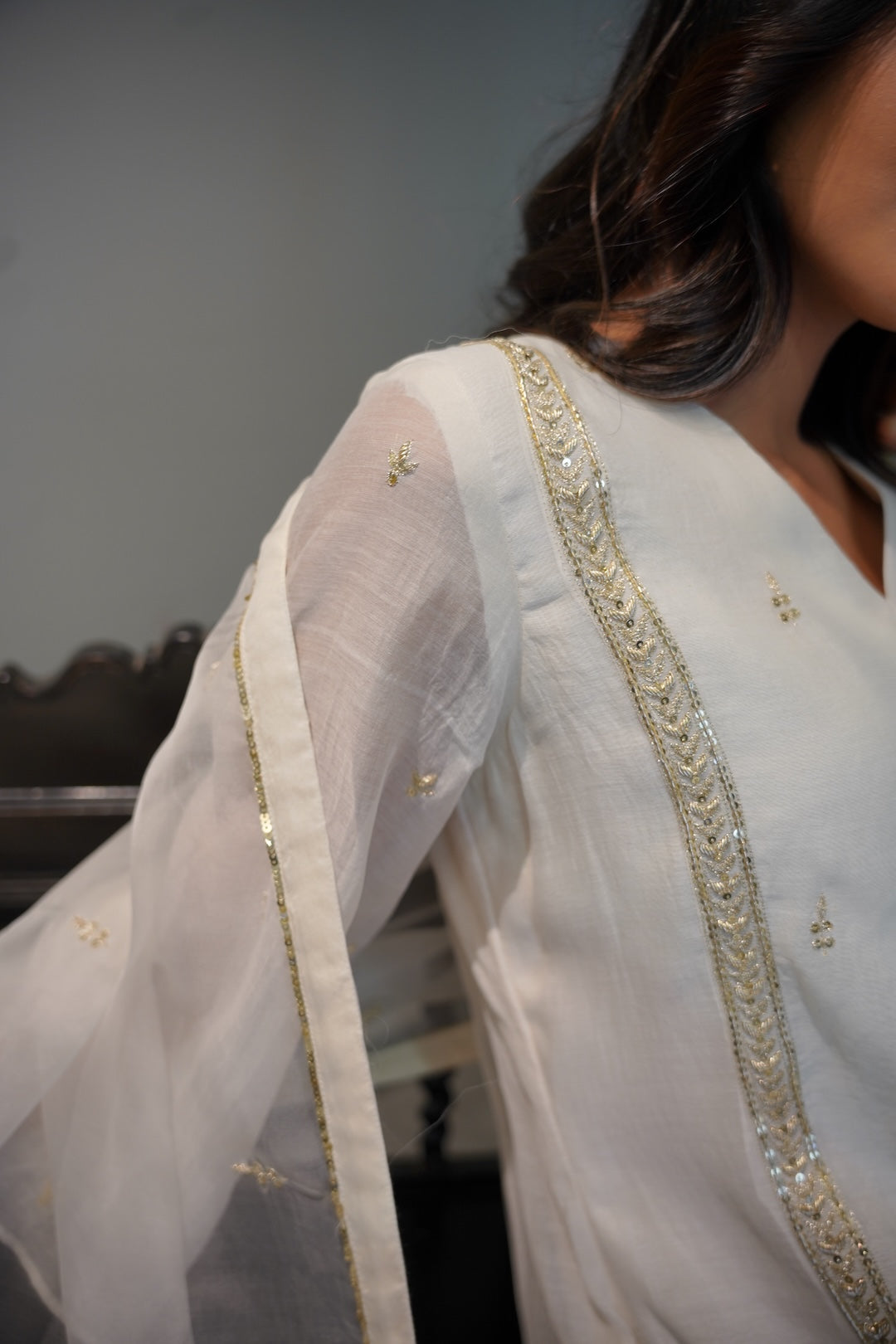Off white Chanderi and Organza Kurta Set - Zuleiha
