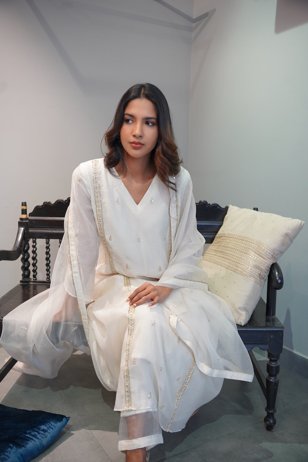 Off white Chanderi and Organza Kurta Set - Zuleiha