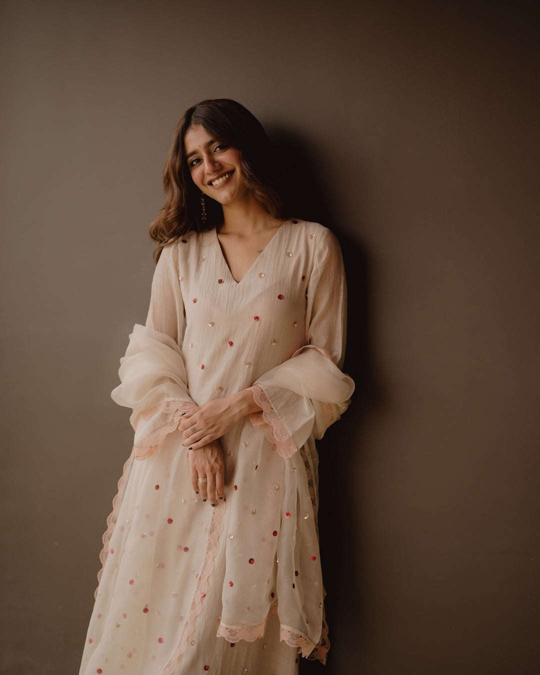 Priya Warrier in Ivory Chanderi and Organza Kurti Set