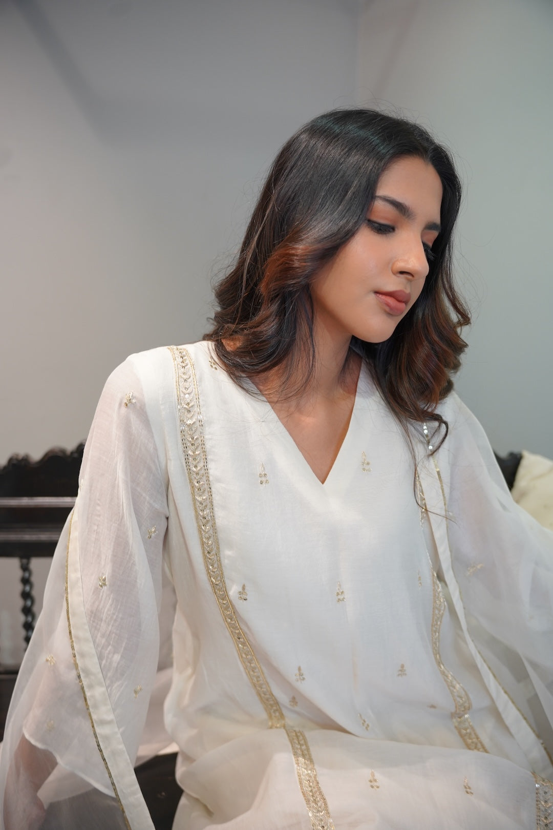 Off white Chanderi and Organza Kurta Set - Zuleiha