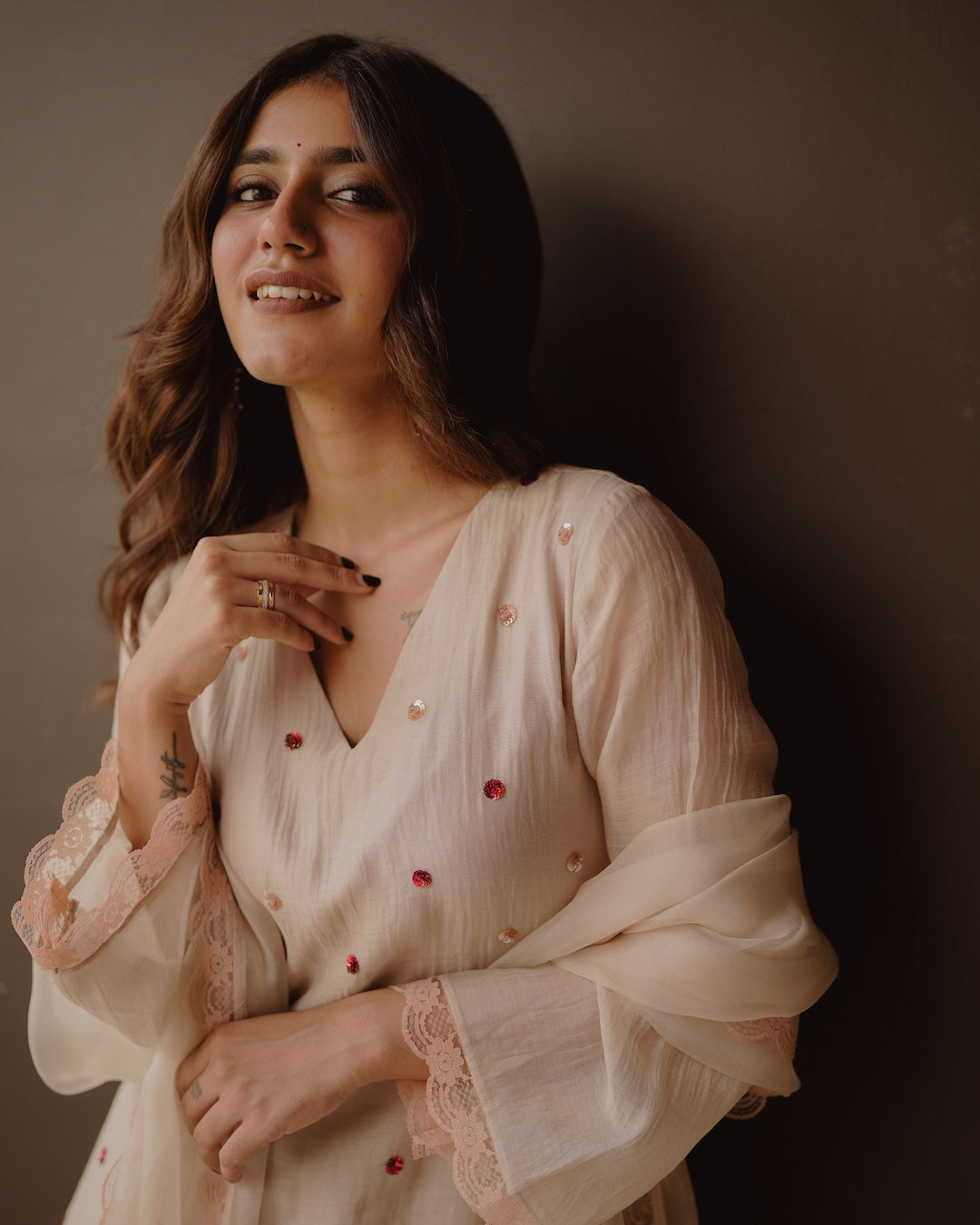 Priya Warrier in Ivory Chanderi and Organza Kurti Set