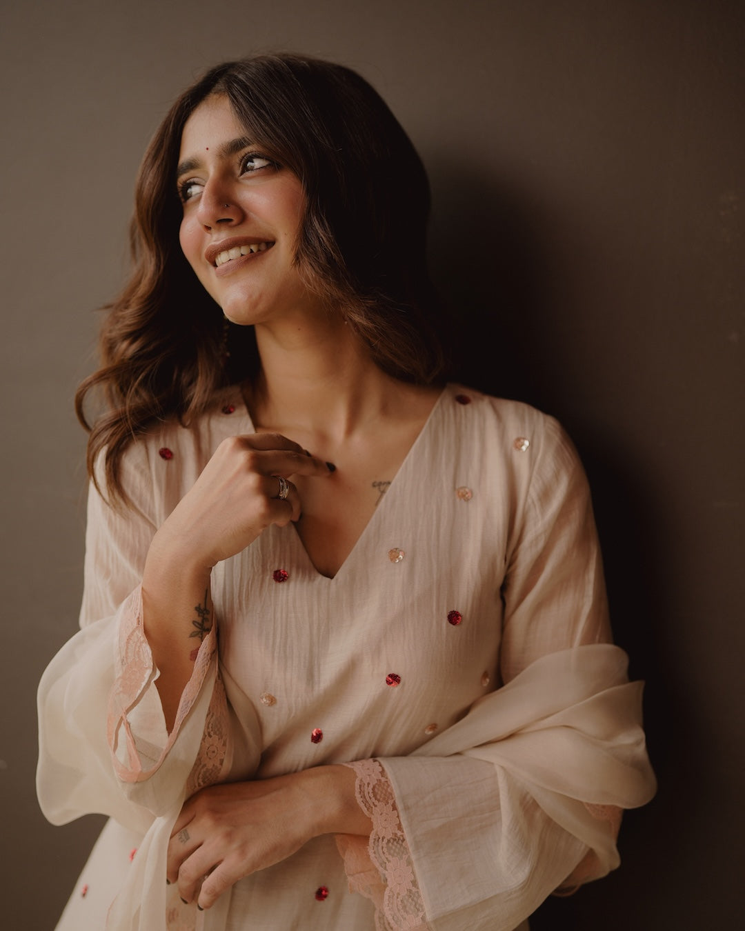 Priya Warrier in Ivory Chanderi and Organza Kurti Set