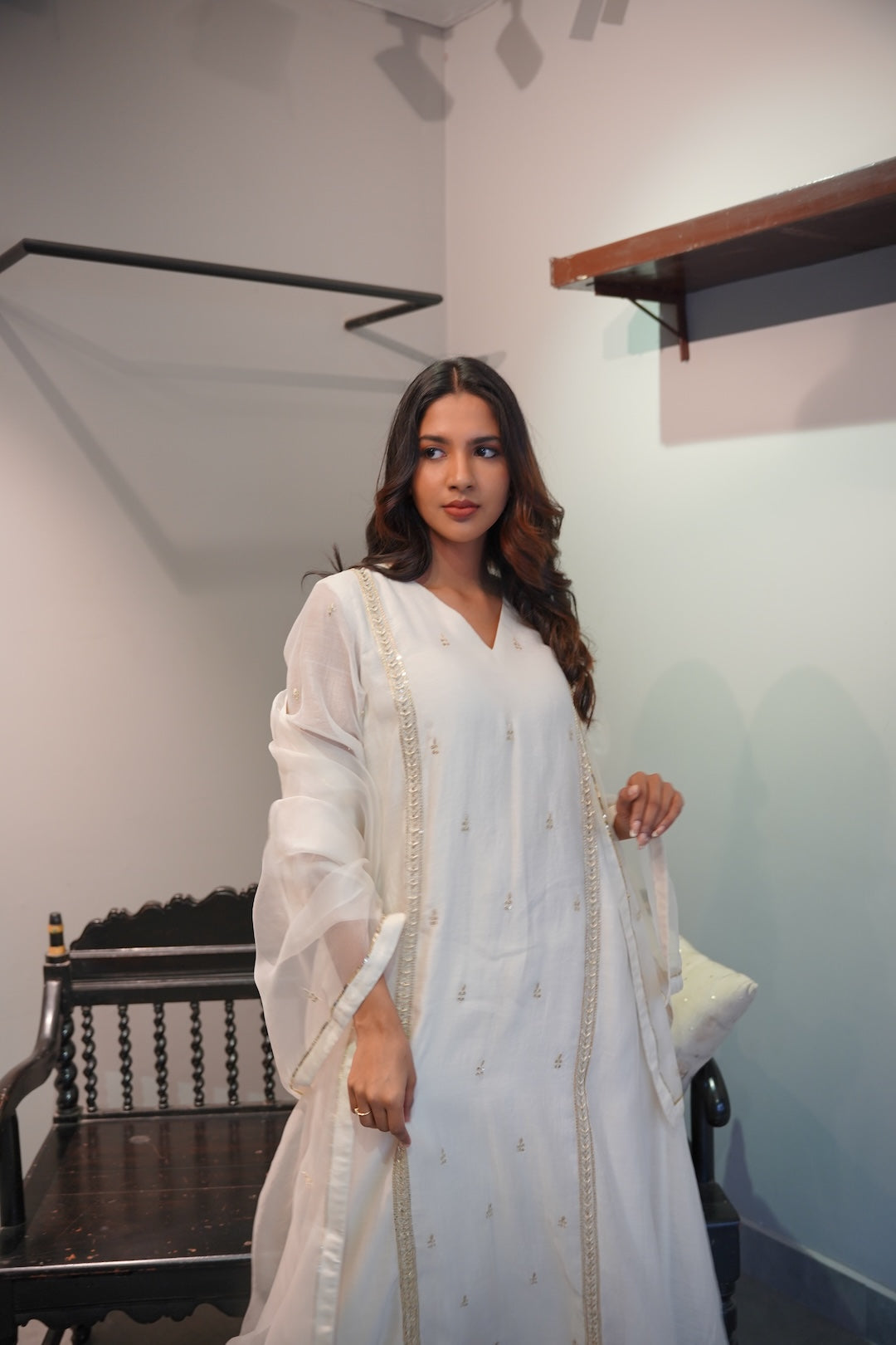 Off white Chanderi and Organza Kurta Set - Zuleiha