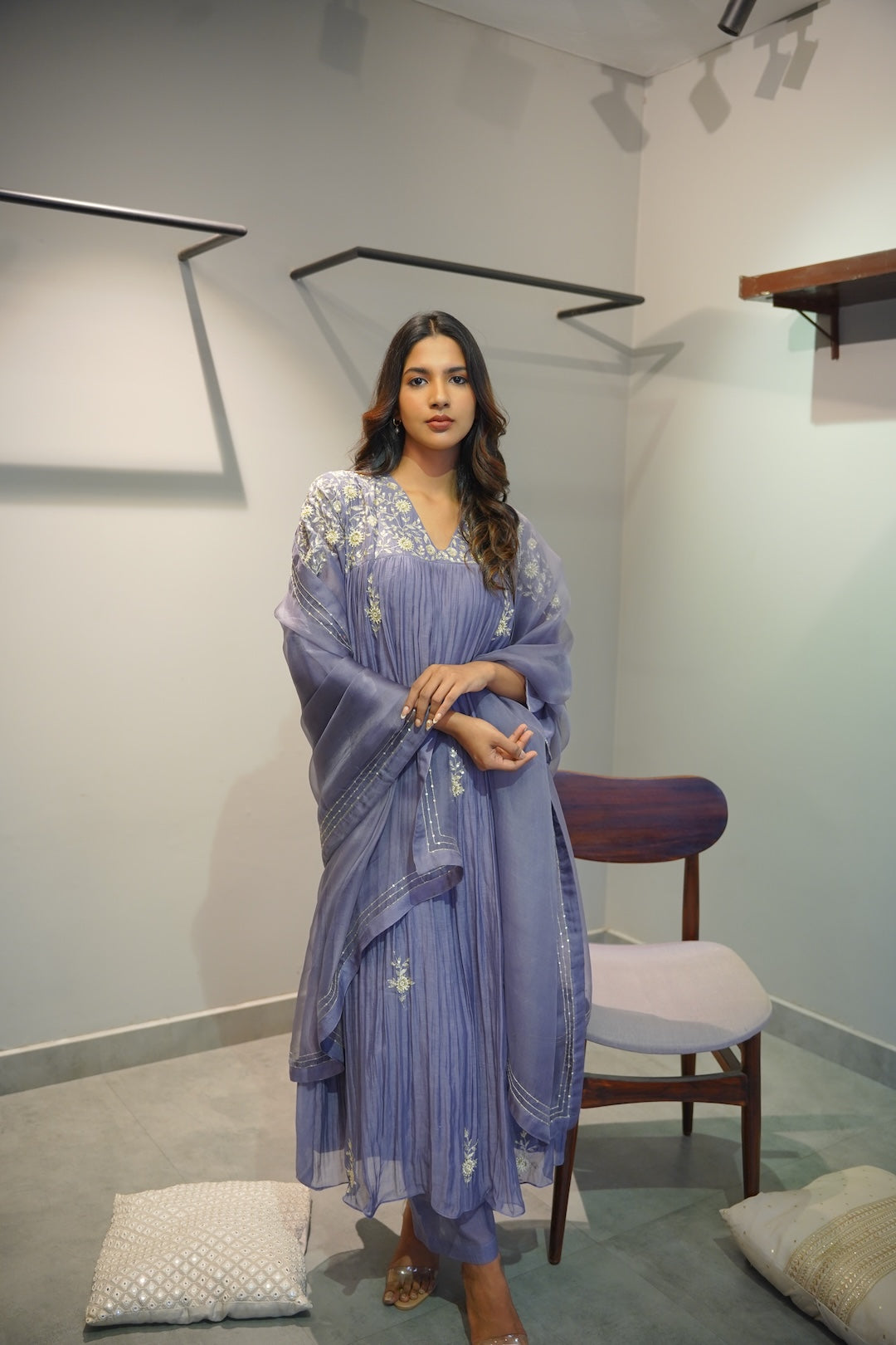 Lavender Blue Chanderi and Organza Kurta Set - Zuleiha