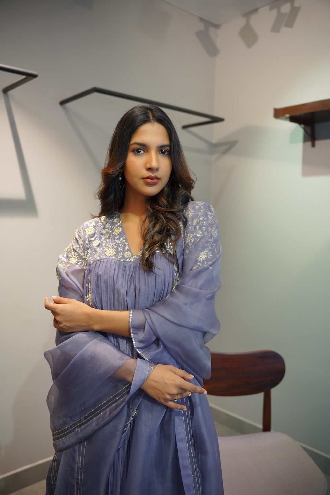 Lavender Blue Chanderi and Organza Kurta Set - Zuleiha