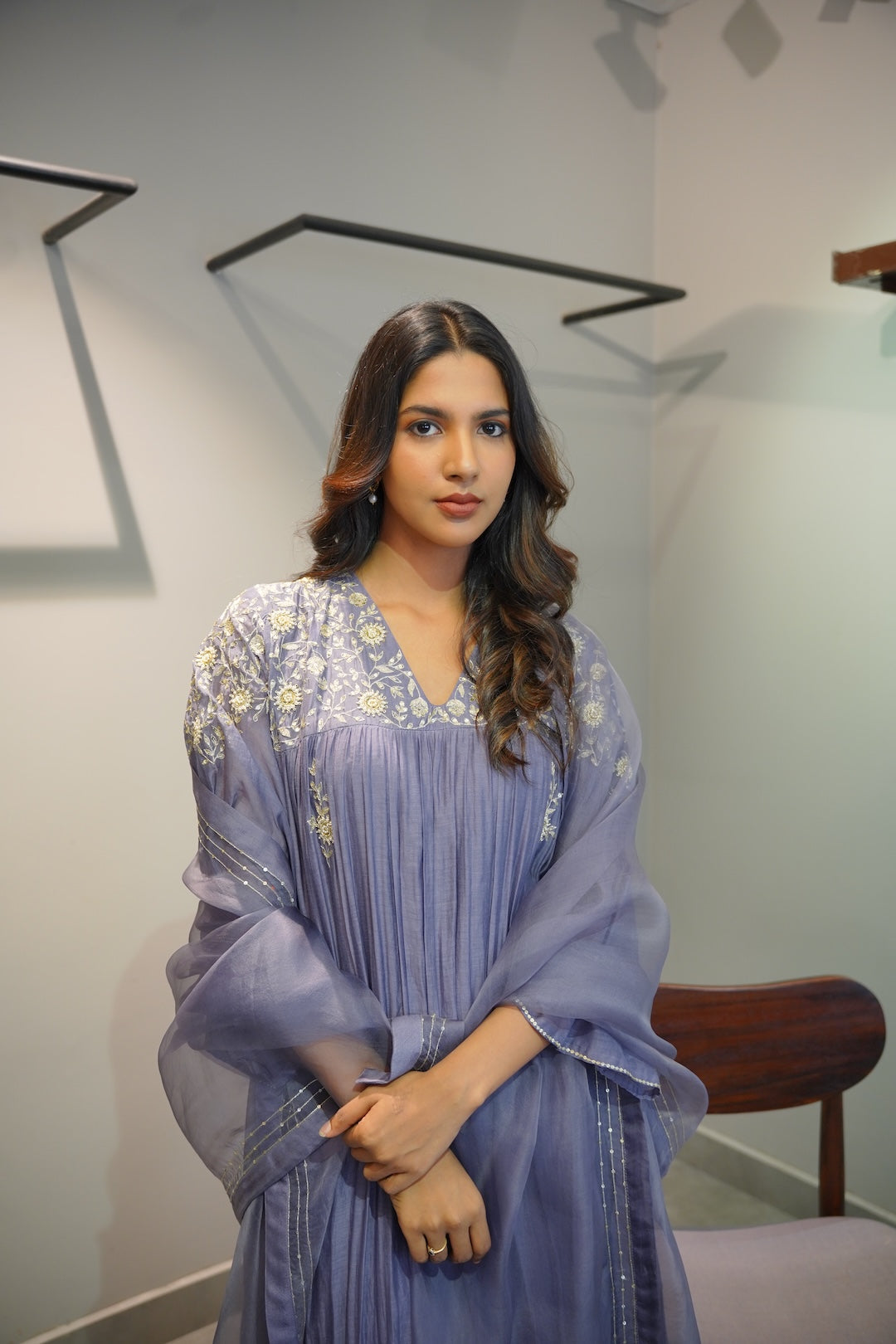 Lavender Blue Chanderi and Organza Kurta Set - Zuleiha