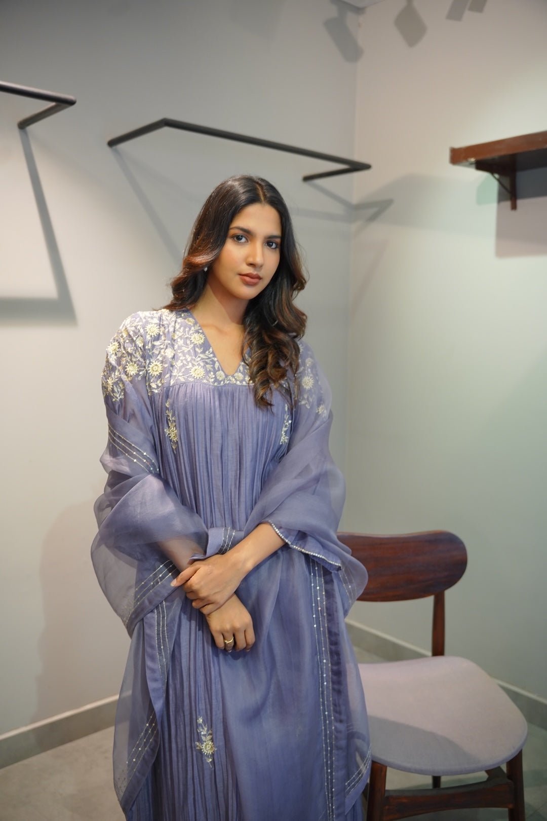 Lavender Blue Chanderi and Organza Kurta Set - Zuleiha